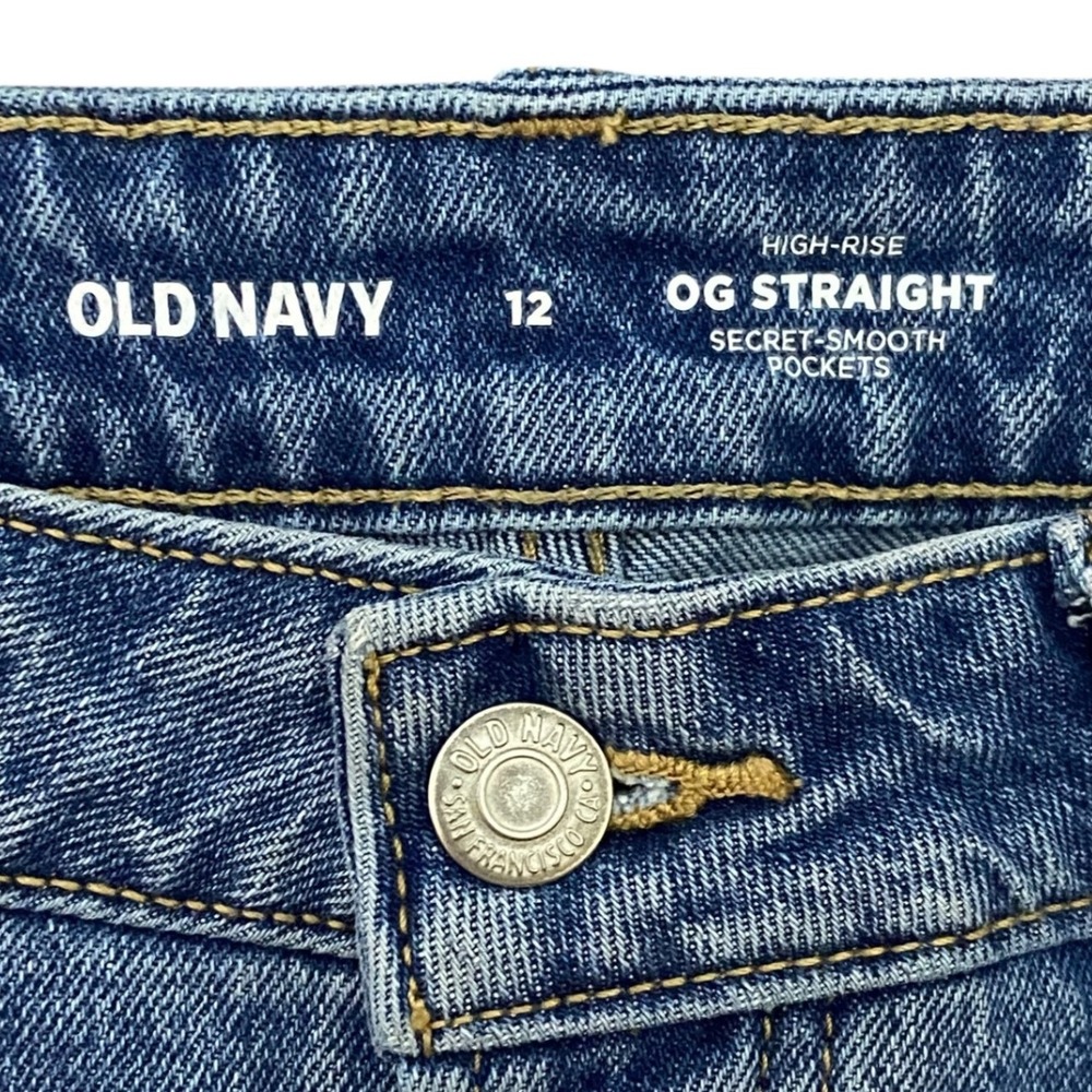 Old Navy OG Straight High Rise Button Fly Distressed Denim Shorts Preppy Blue 12 - Picture 4 of 9